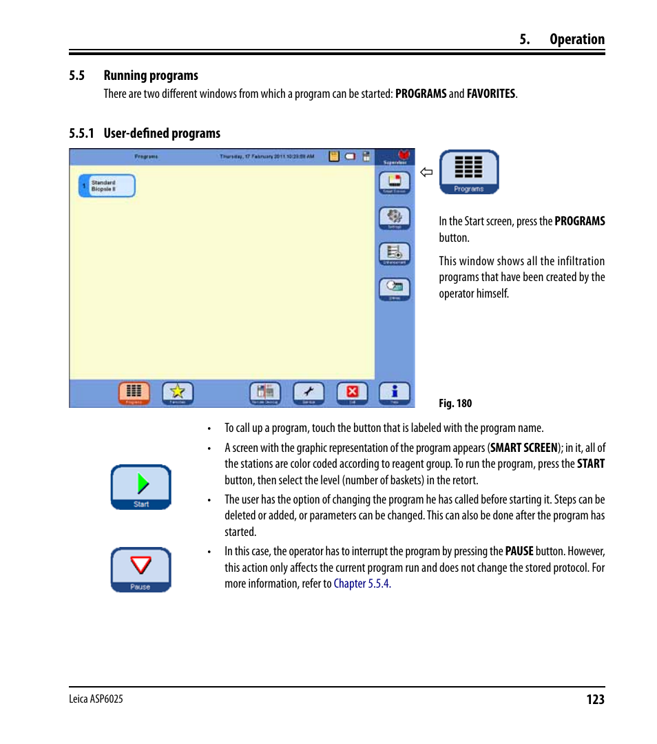 5 running programs, 1 user-defined programs, Running programs | Leica Biosystems ASP6025 User Manual | Page 125 / 178