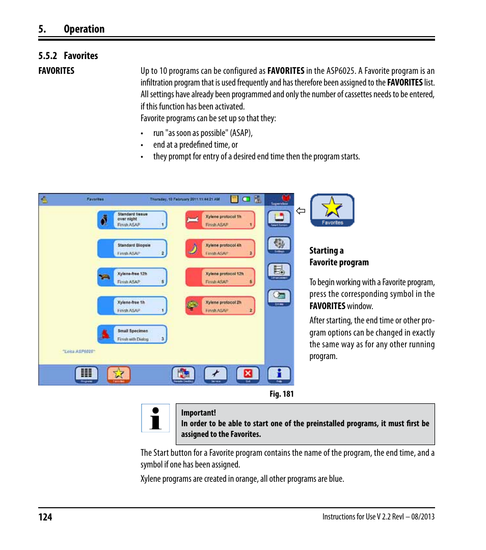 2 favorites, Operation | Leica Biosystems ASP6025 User Manual | Page 126 / 178