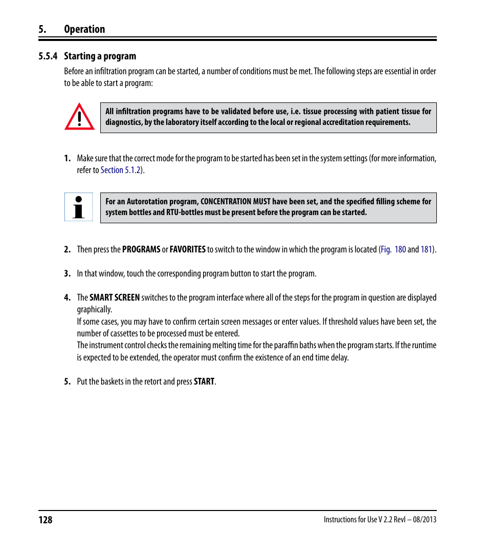 4 starting a program, Operation | Leica Biosystems ASP6025 User Manual | Page 130 / 178