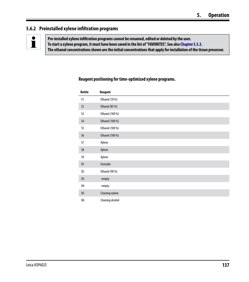 2 preinstalled xylene infiltration programs, Operation | Leica Biosystems ASP6025 User Manual | Page 139 / 178