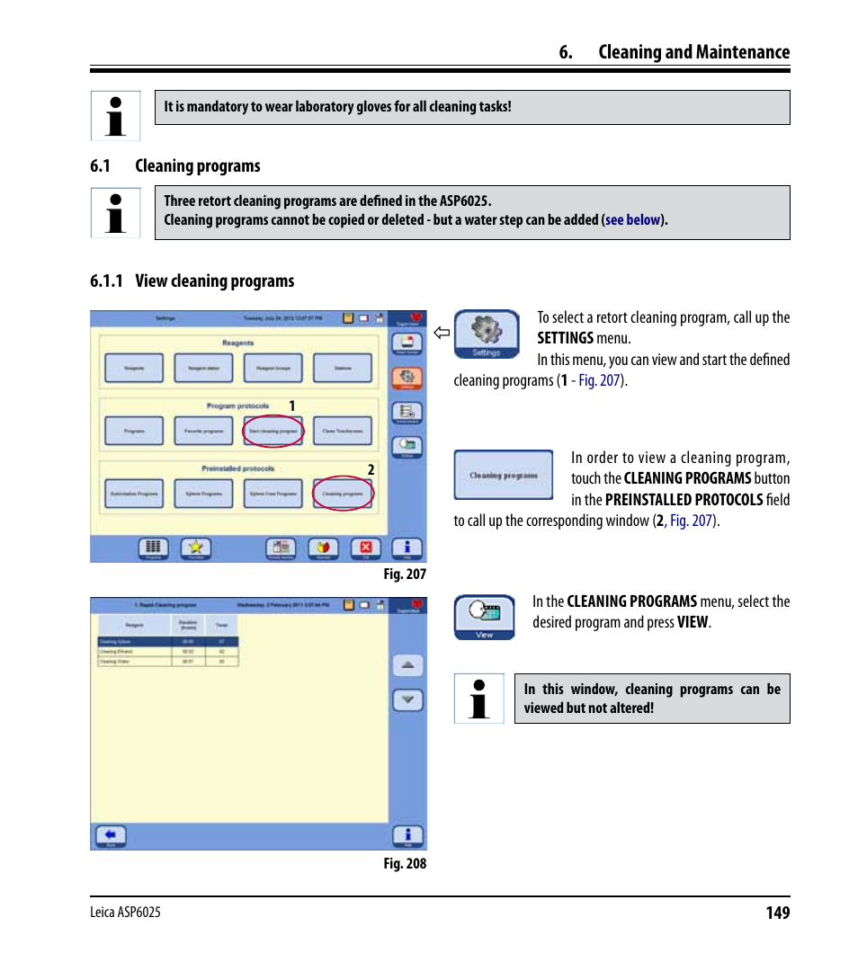 Cleaning and maintenance, 1 cleaning programs, 1 view cleaning programs | Cleaning programs | Leica Biosystems ASP6025 User Manual | Page 151 / 178