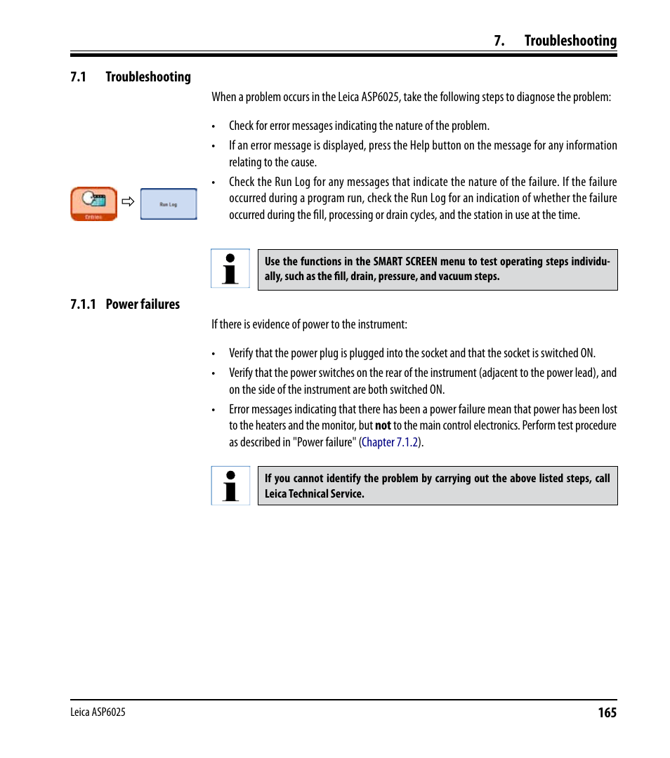Troubleshooting, 1 troubleshooting, 1 power failures | 1 troubleshooting 7.1.1 power failures | Leica Biosystems ASP6025 User Manual | Page 167 / 178