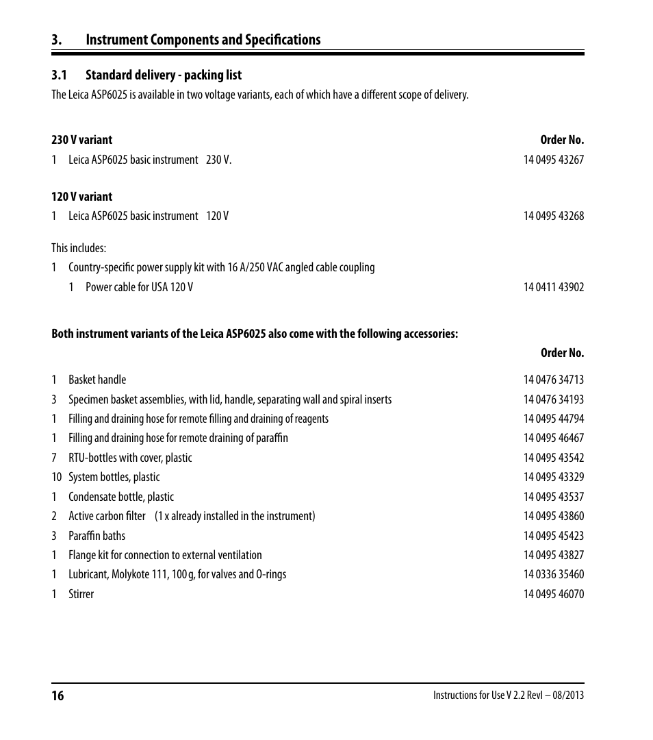 Instrument components and specifications, 1 standard delivery - packing list, Standard delivery - packing list | Leica Biosystems ASP6025 User Manual | Page 18 / 178