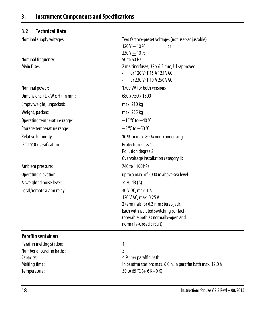 2 technical data, Technical data, Instrument components and specifications | Leica Biosystems ASP6025 User Manual | Page 20 / 178