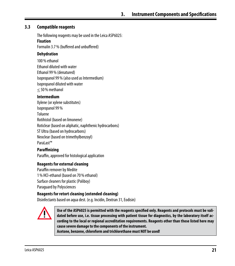 3 compatible reagents, Compatible reagents, Instrument components and specifications | Leica Biosystems ASP6025 User Manual | Page 23 / 178