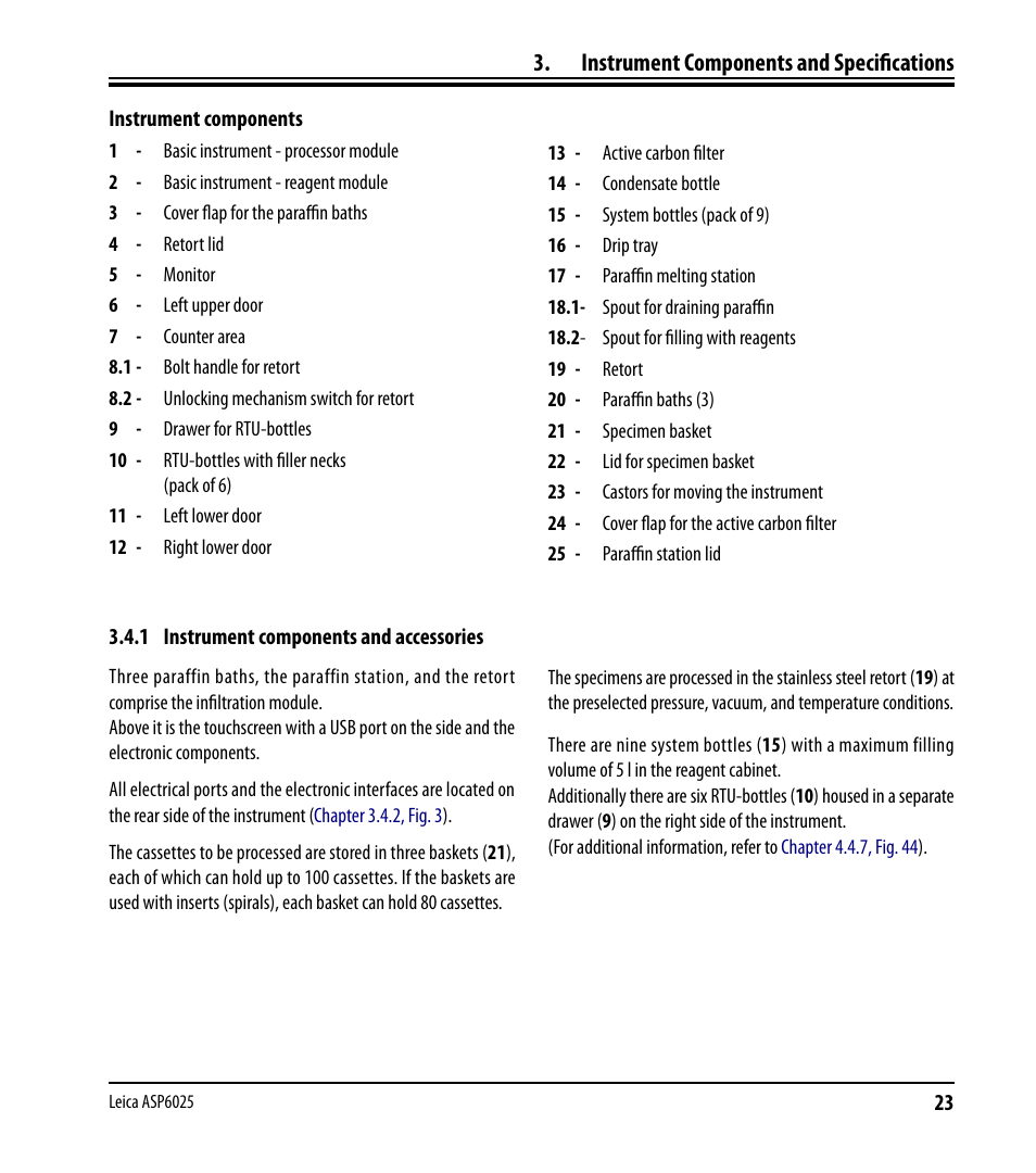 1 instrument components and accessories, Instrument components and specifications | Leica Biosystems ASP6025 User Manual | Page 25 / 178