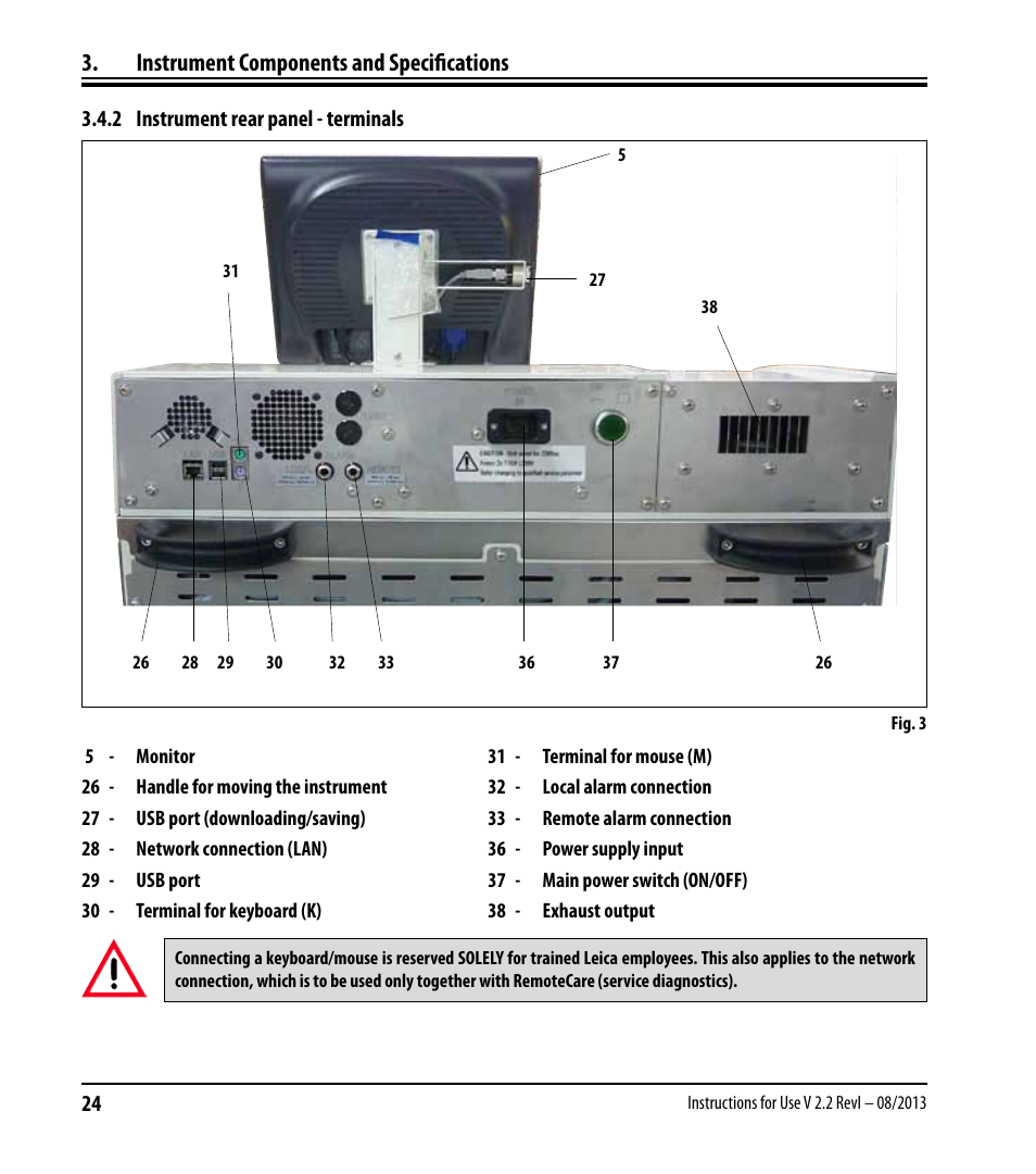 2 instrument rear panel - terminals, Instrument components and specifications | Leica Biosystems ASP6025 User Manual | Page 26 / 178