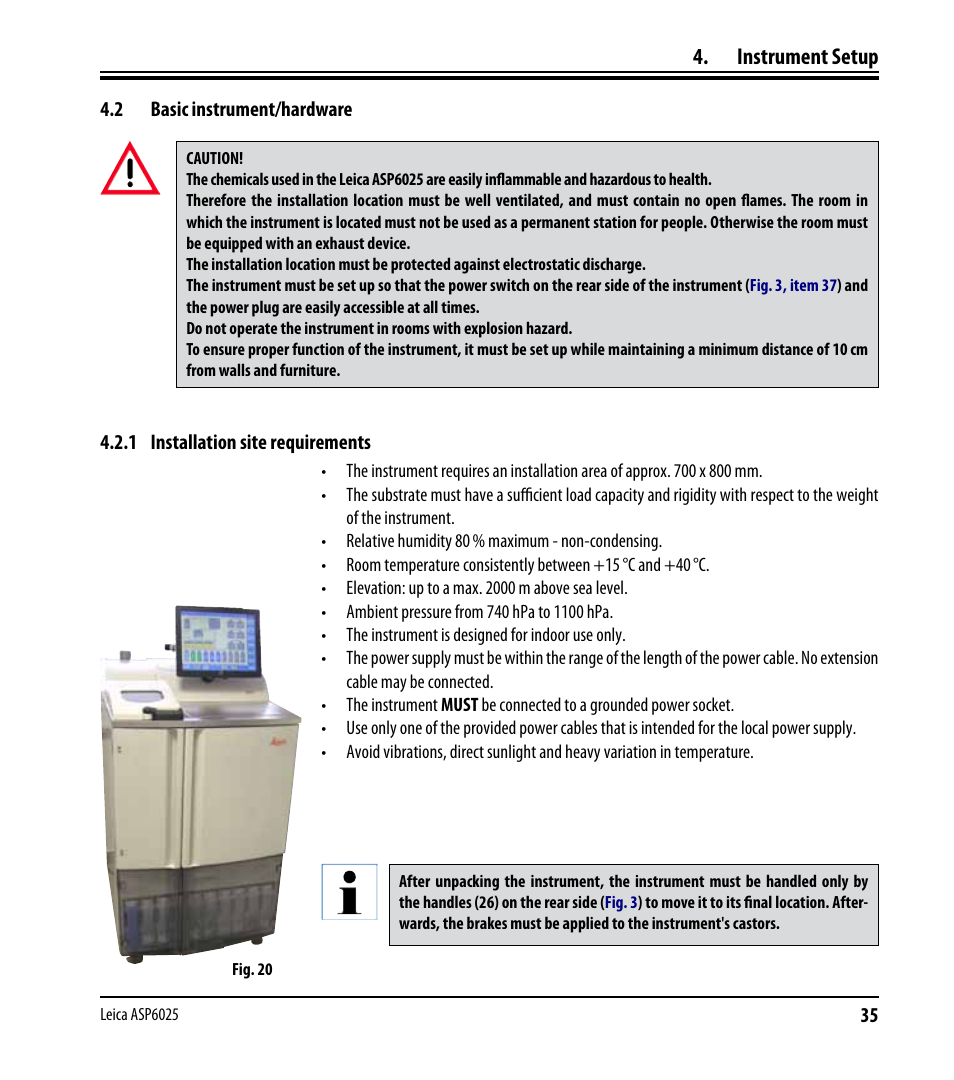 2 basic instrument/hardware, 1 installation site requirements, Basic instrument/hardware | Instrument setup | Leica Biosystems ASP6025 User Manual | Page 37 / 178