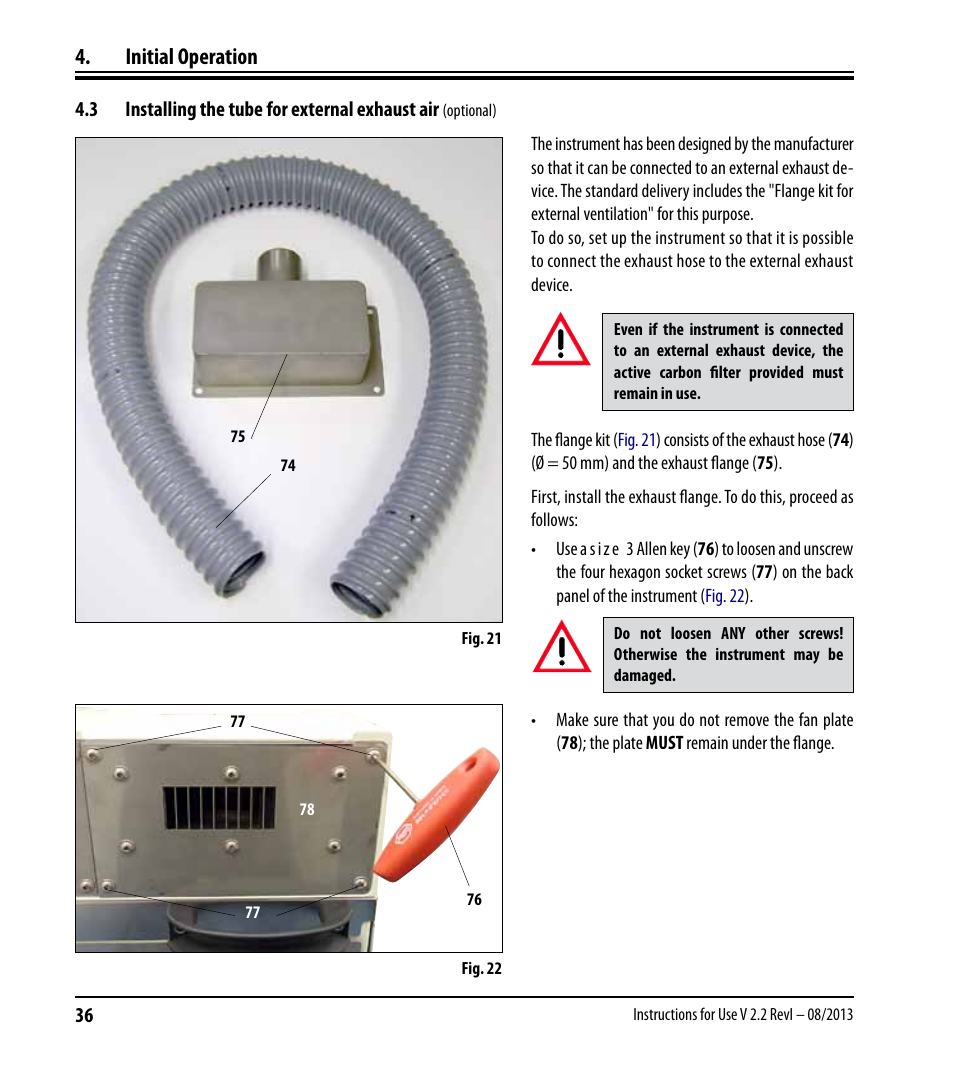 Installing the tube for external exhaust air, Optional), Initial operation | Leica Biosystems ASP6025 User Manual | Page 38 / 178