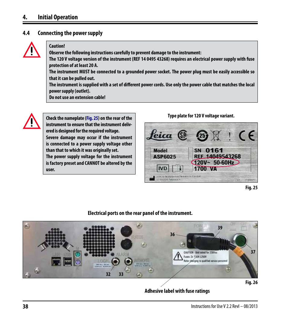 4 connecting the power supply, Connecting the power supply, Initial operation | Leica Biosystems ASP6025 User Manual | Page 40 / 178