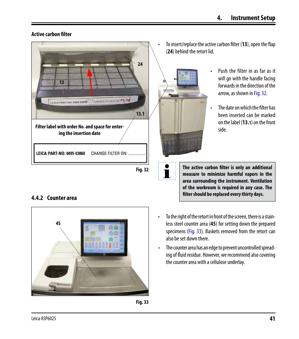 2 counter area, Instrument setup | Leica Biosystems ASP6025 User Manual | Page 43 / 178