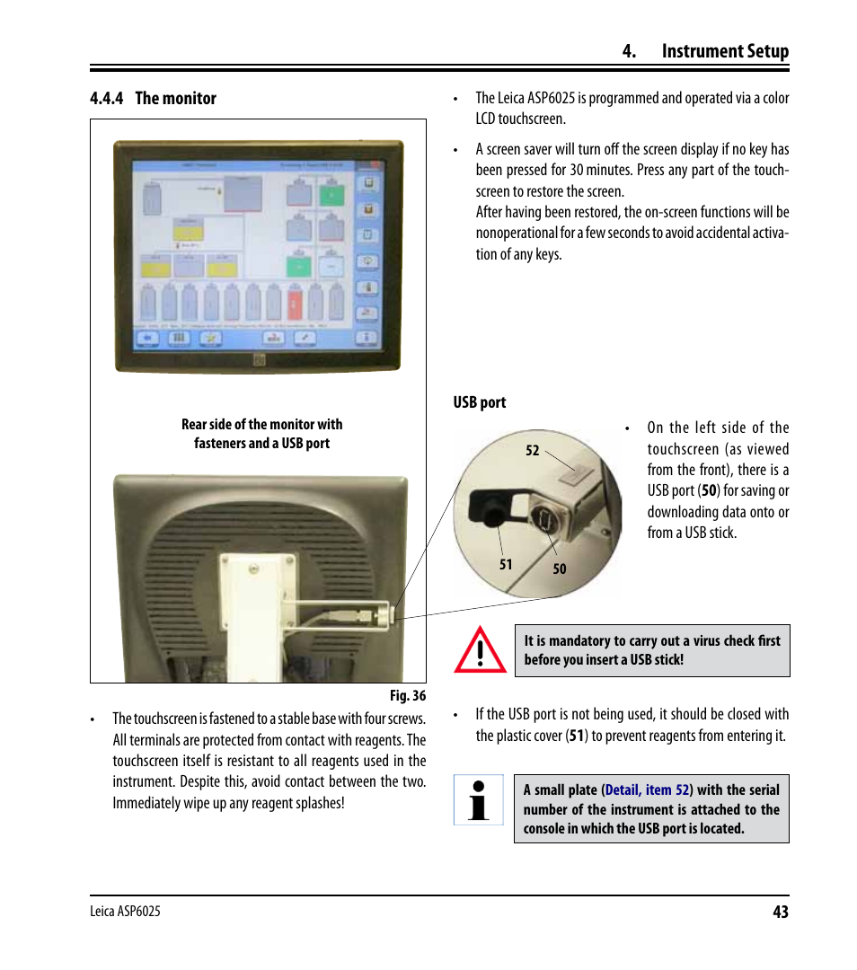 4 the monitor, Instrument setup | Leica Biosystems ASP6025 User Manual | Page 45 / 178