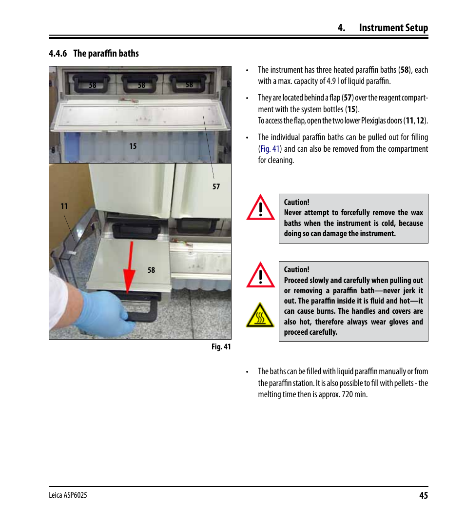 6 the paraffin baths, Instrument setup | Leica Biosystems ASP6025 User Manual | Page 47 / 178