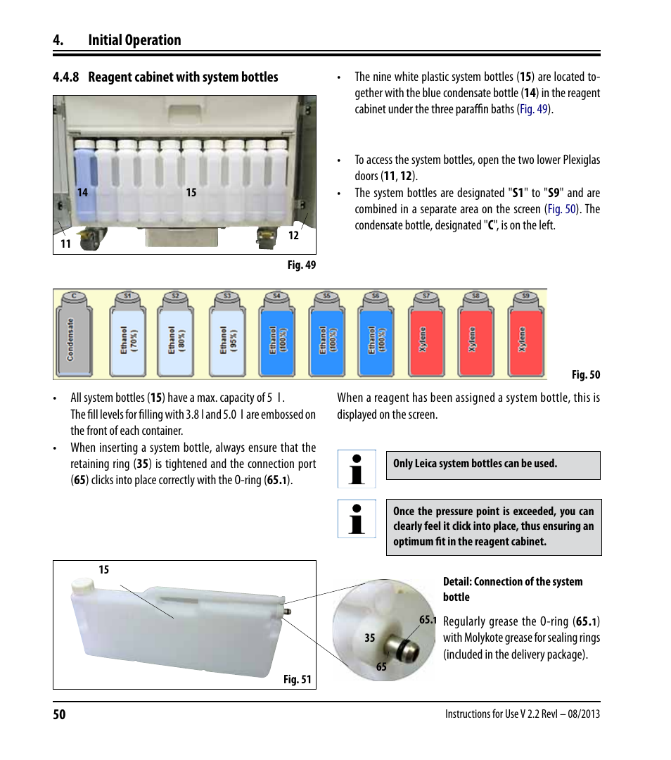 8 reagent cabinet with system bottles, Initial operation | Leica Biosystems ASP6025 User Manual | Page 52 / 178