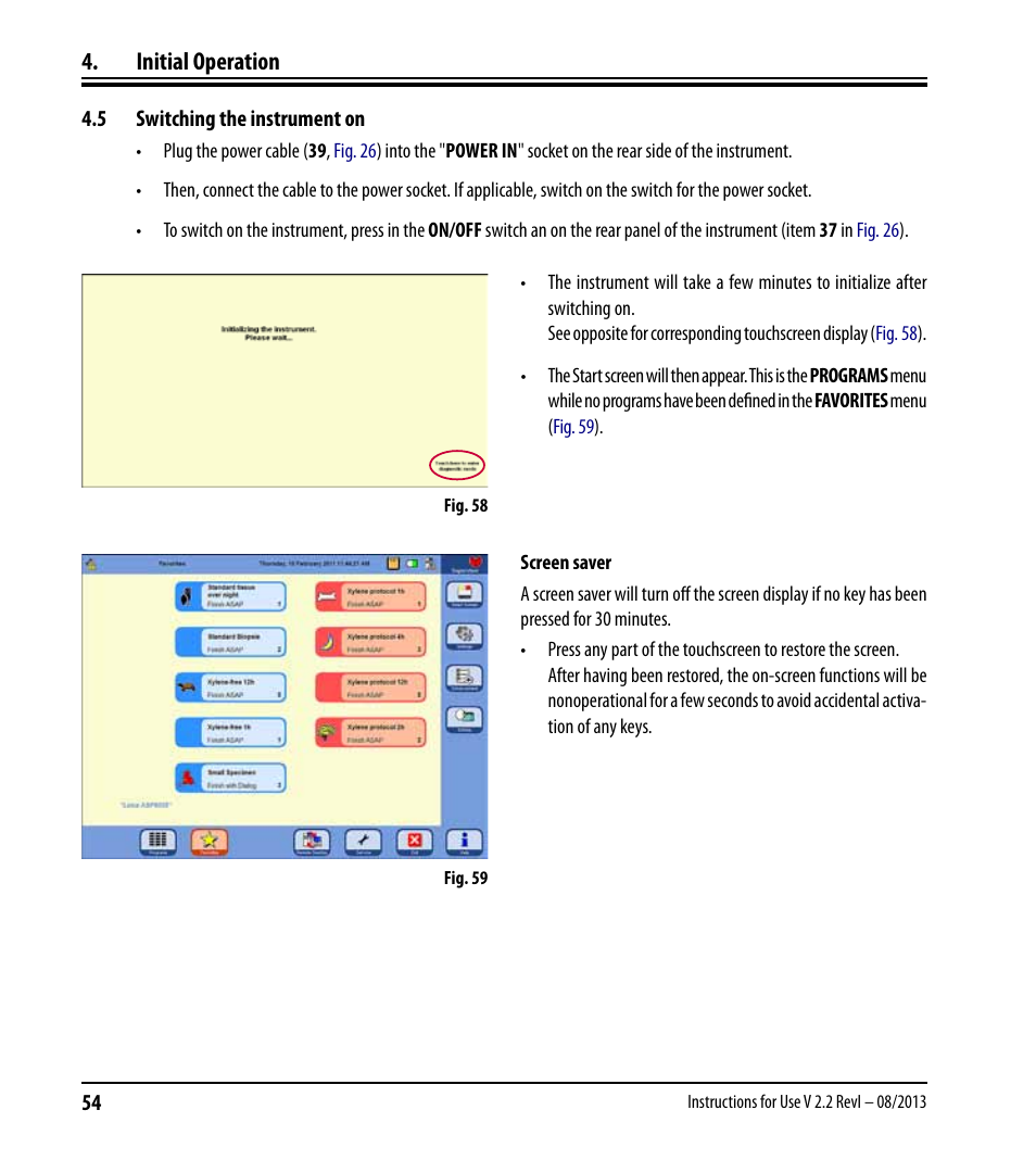 5 switching the instrument on, Switching the instrument on, Initial operation | Leica Biosystems ASP6025 User Manual | Page 56 / 178