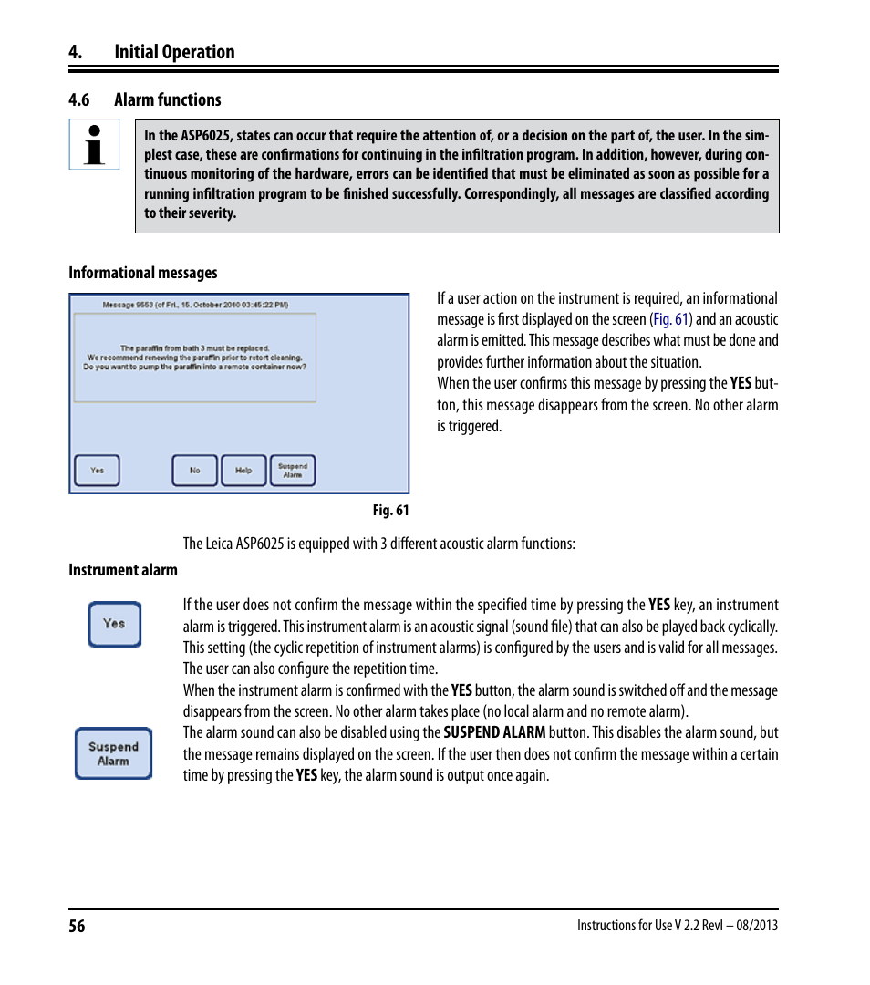 6 alarm functions, Alarm functions, Initial operation | Leica Biosystems ASP6025 User Manual | Page 58 / 178