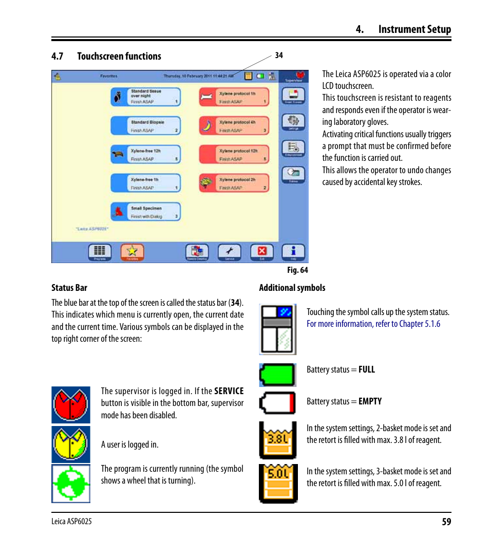 7 touchscreen functions, Touchscreen functions, Instrument setup | Leica Biosystems ASP6025 User Manual | Page 61 / 178
