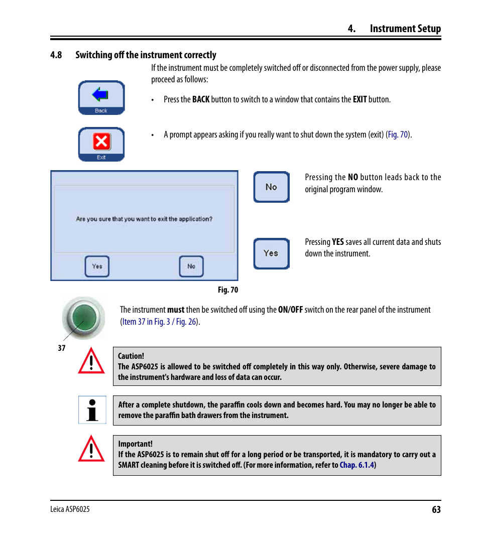 8 switching off the instrument correctly, Switching off the instrument correctly, Instrument setup | Leica Biosystems ASP6025 User Manual | Page 65 / 178