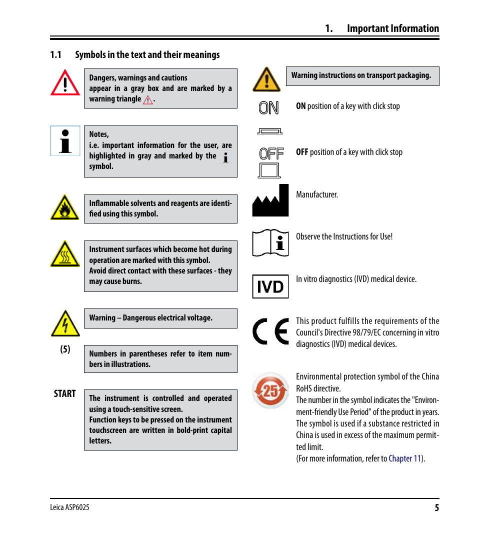 Important information, 1 symbols in the text and their meanings, Symbols in the text and their meanings | Leica Biosystems ASP6025 User Manual | Page 7 / 178