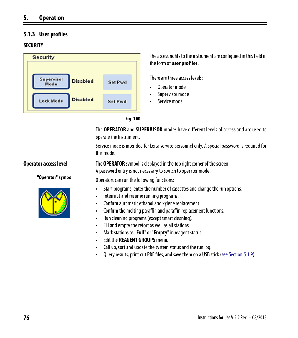 3 user profiles, Operation | Leica Biosystems ASP6025 User Manual | Page 78 / 178