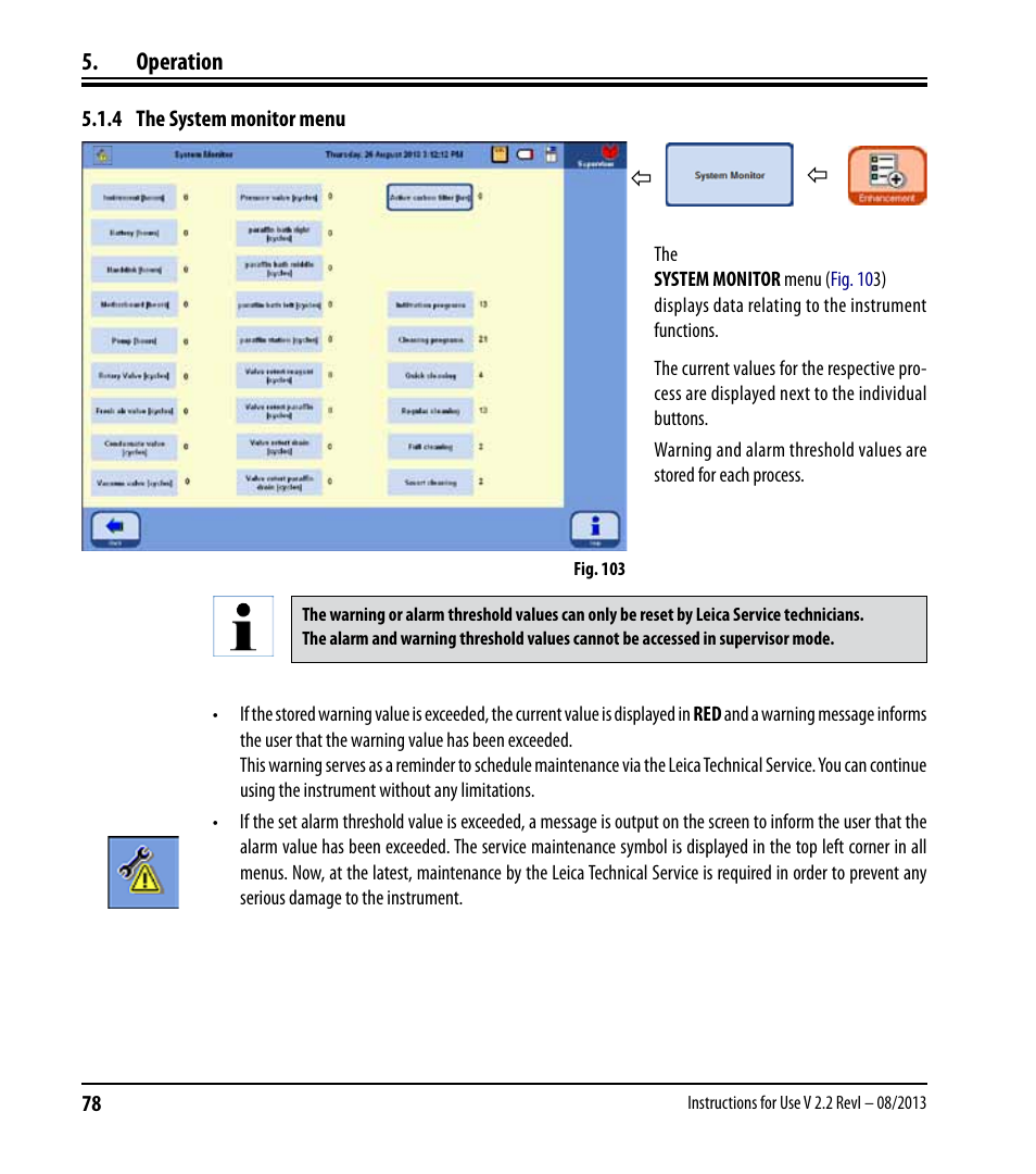4 the system monitor menu, Operation | Leica Biosystems ASP6025 User Manual | Page 80 / 178
