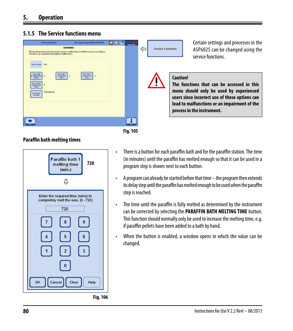 5 the service functions menu, Operation | Leica Biosystems ASP6025 User Manual | Page 82 / 178