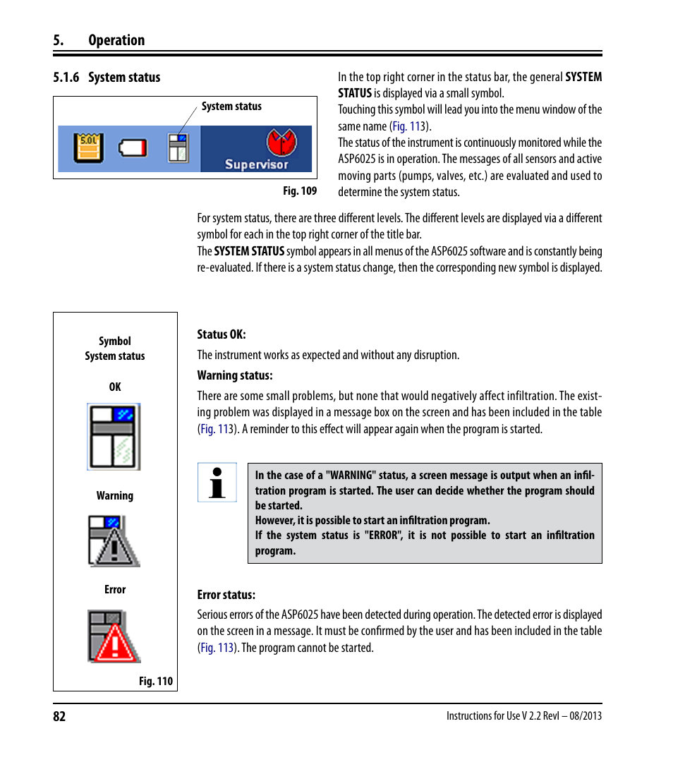 6 system status, Operation | Leica Biosystems ASP6025 User Manual | Page 84 / 178