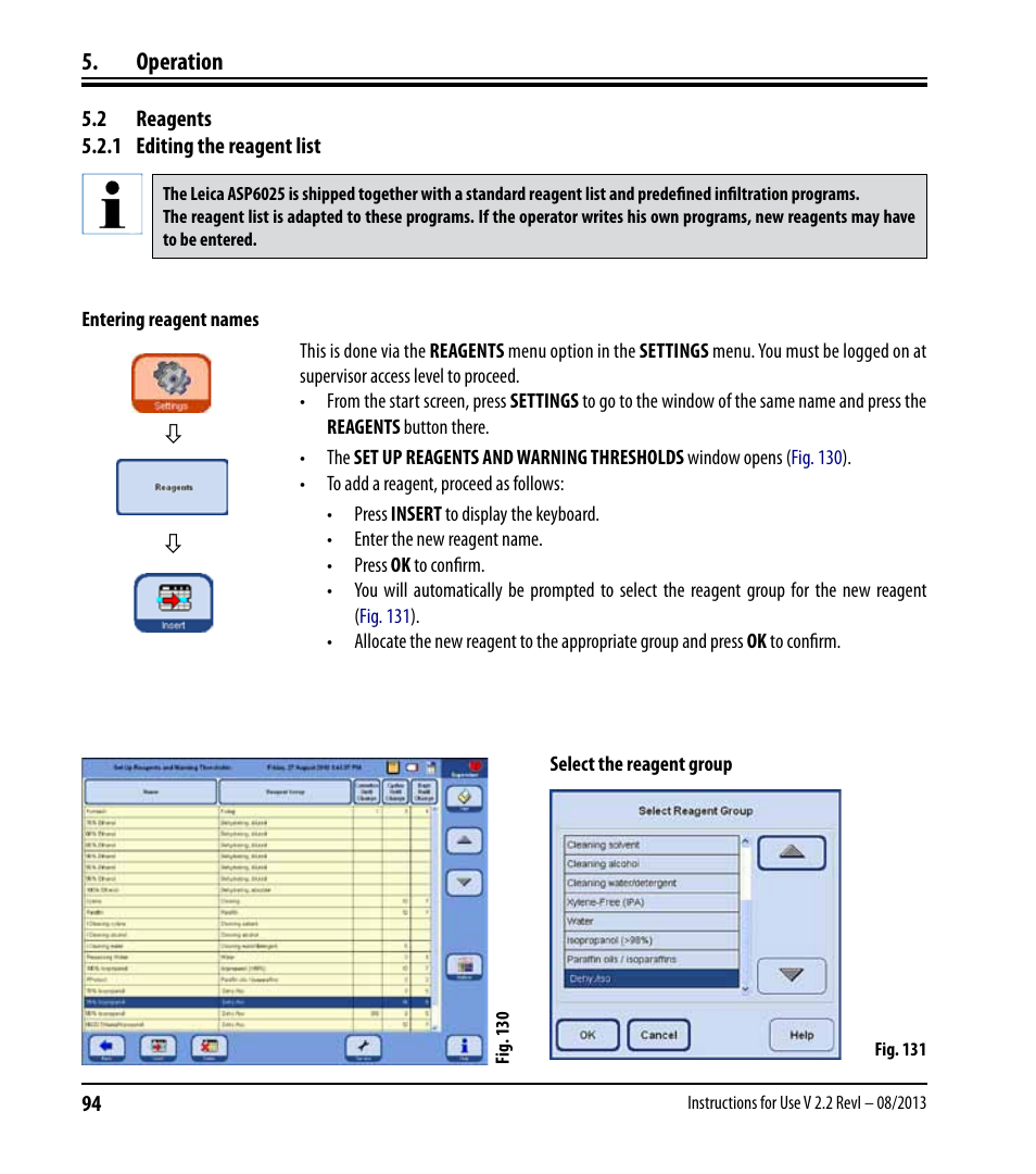 2 reagents, 1 editing the reagent list, 2 reagents 5.2.1 editing the reagent list | Operation | Leica Biosystems ASP6025 User Manual | Page 96 / 178