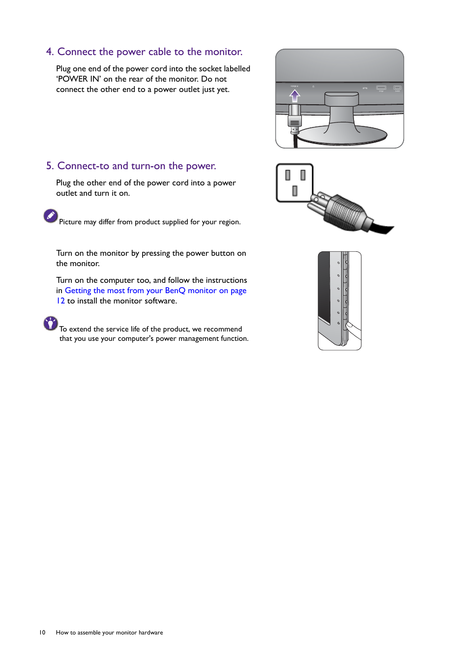Connect the power cable to the monitor, Connect-to and turn-on the power | BenQ Professional RTS Gaming Monitor RL2240H User Manual | Page 10 / 36