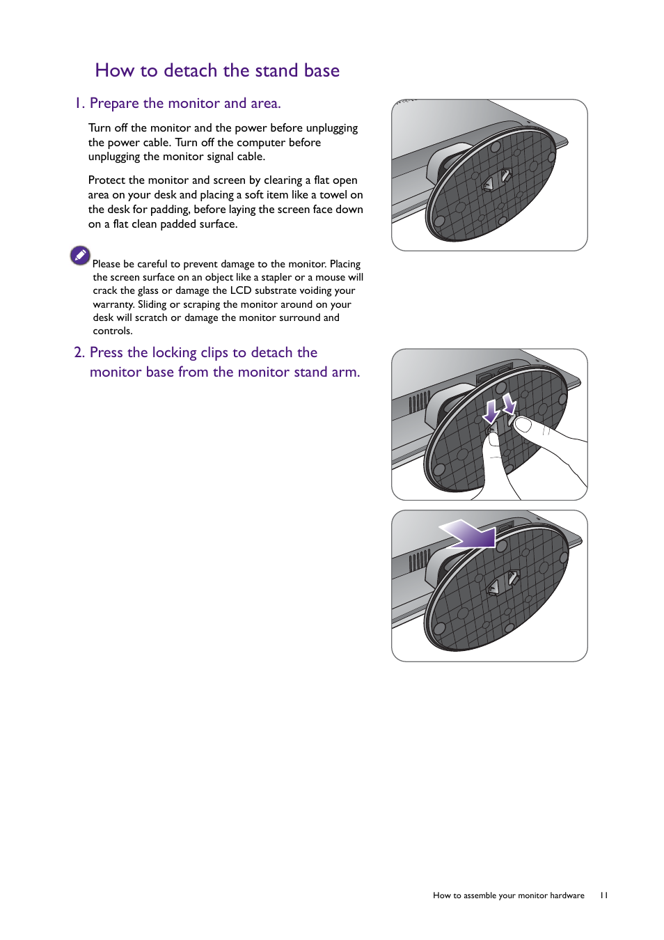 How to detach the stand base, Prepare the monitor and area | BenQ Professional RTS Gaming Monitor RL2240H User Manual | Page 11 / 36