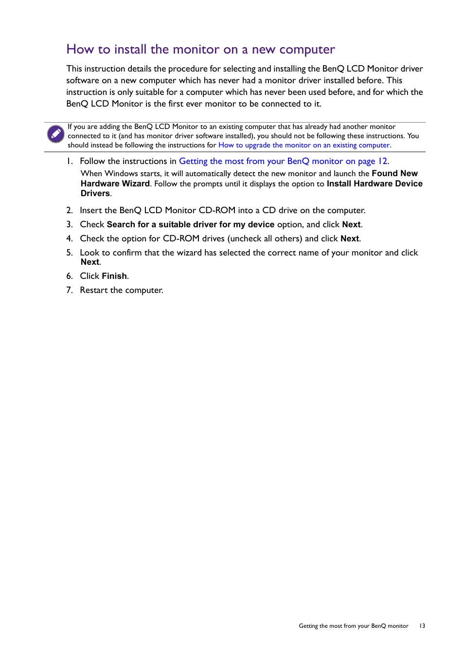 How to install the monitor on a new computer | BenQ Professional RTS Gaming Monitor RL2240H User Manual | Page 13 / 36