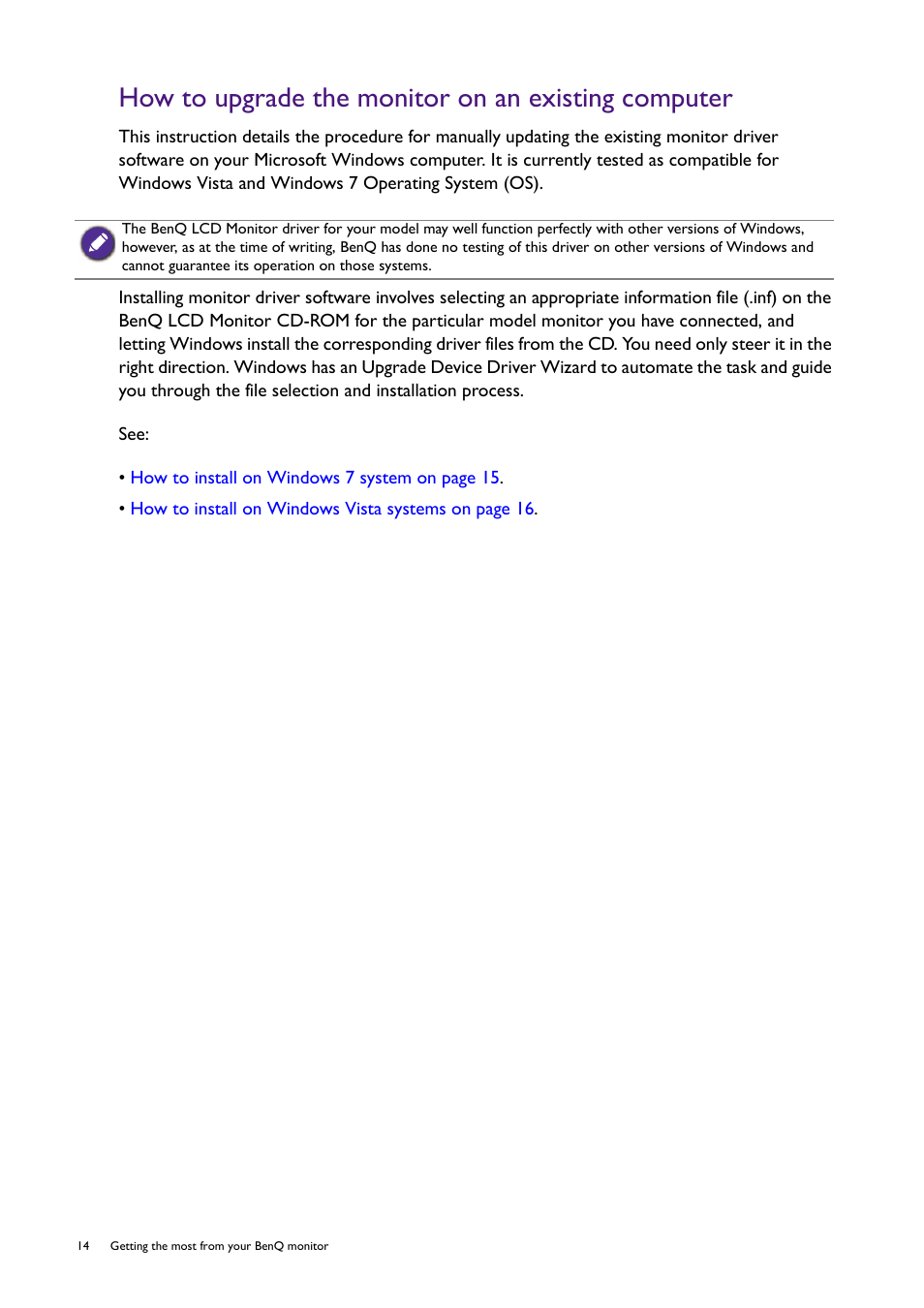 How to upgrade the monitor on an existing computer | BenQ Professional RTS Gaming Monitor RL2240H User Manual | Page 14 / 36