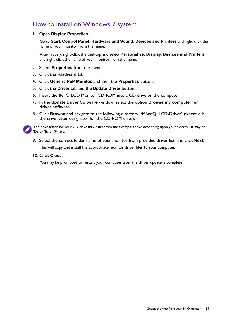 How to install on windows 7 system | BenQ Professional RTS Gaming Monitor RL2240H User Manual | Page 15 / 36