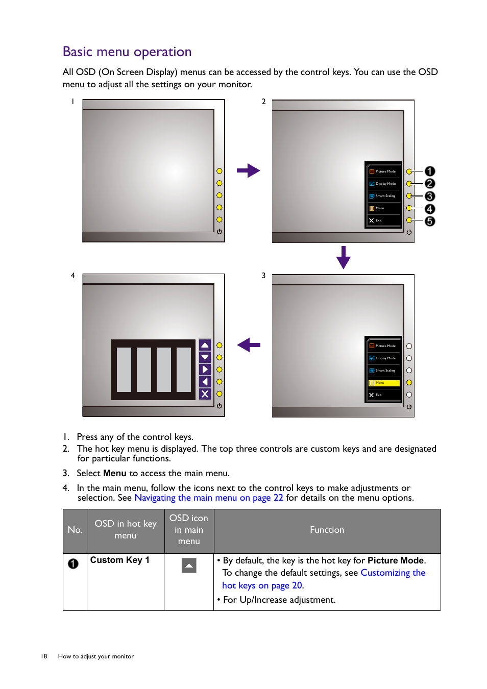 Basic menu operation | BenQ Professional RTS Gaming Monitor RL2240H User Manual | Page 18 / 36