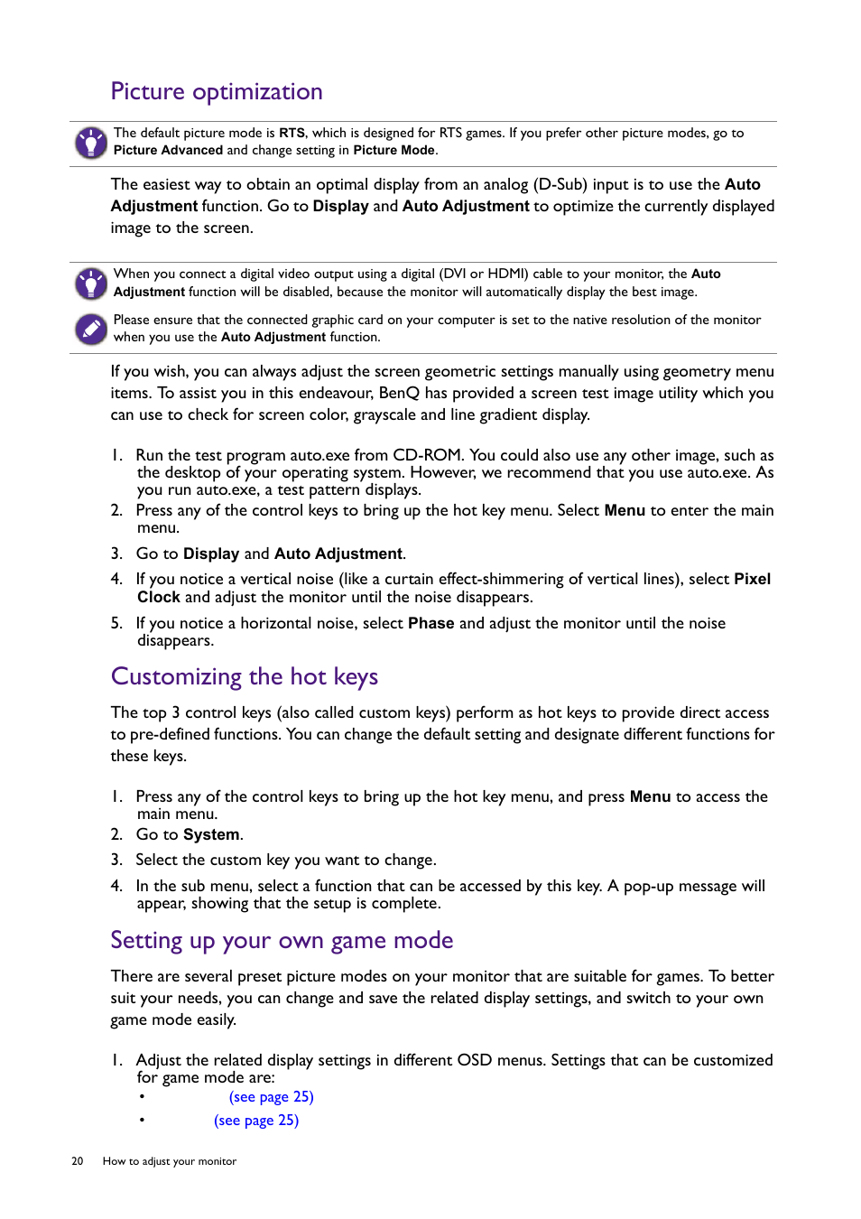 Picture optimization, Customizing the hot keys, Setting up your own game mode | Customizing the, Ult settings, see | BenQ Professional RTS Gaming Monitor RL2240H User Manual | Page 20 / 36