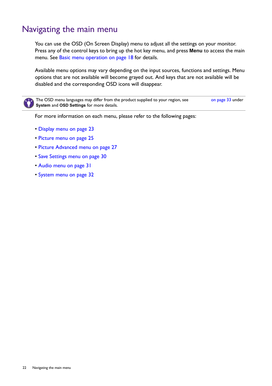 Navigating the main menu | BenQ Professional RTS Gaming Monitor RL2240H User Manual | Page 22 / 36