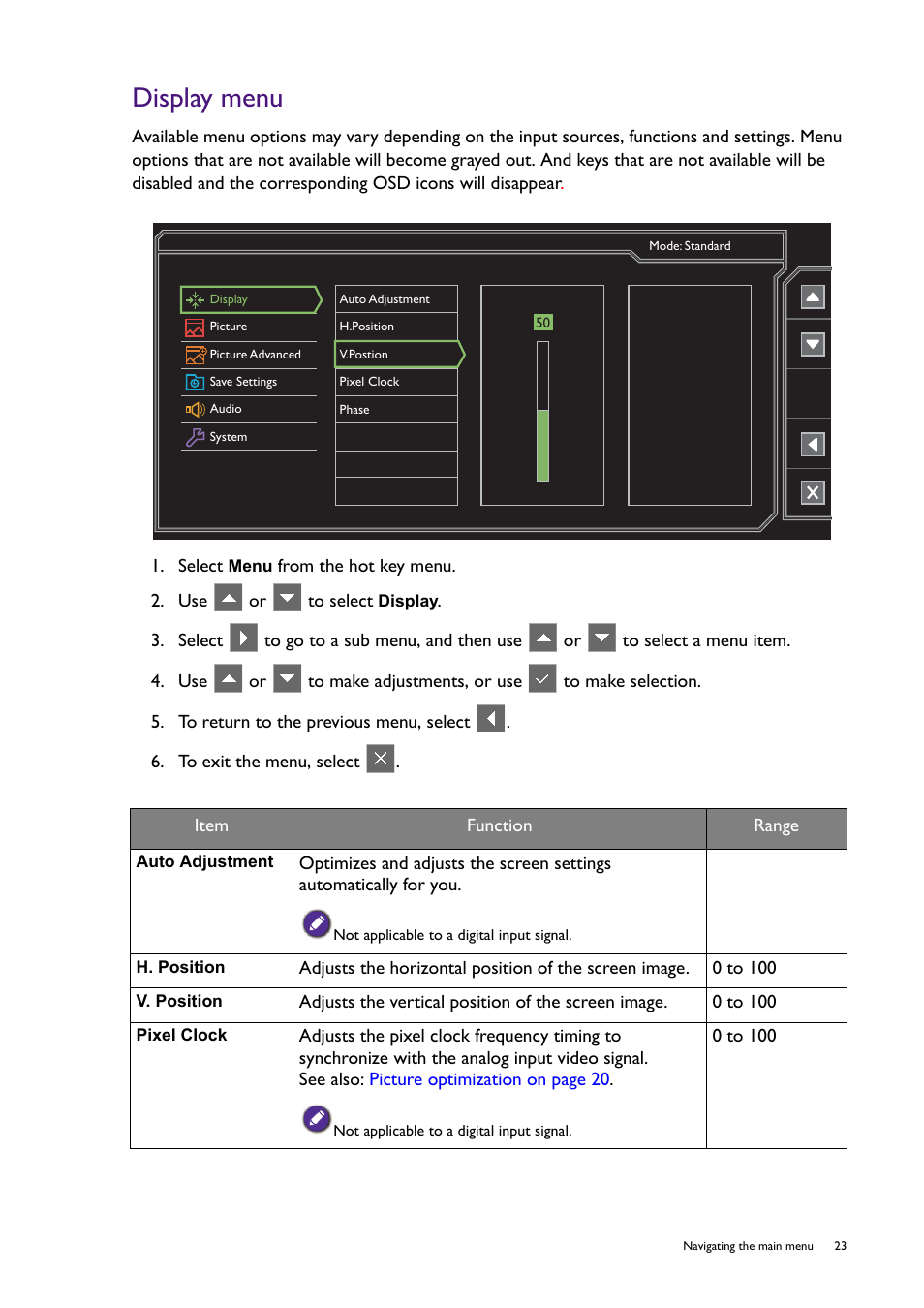 Display menu | BenQ Professional RTS Gaming Monitor RL2240H User Manual | Page 23 / 36