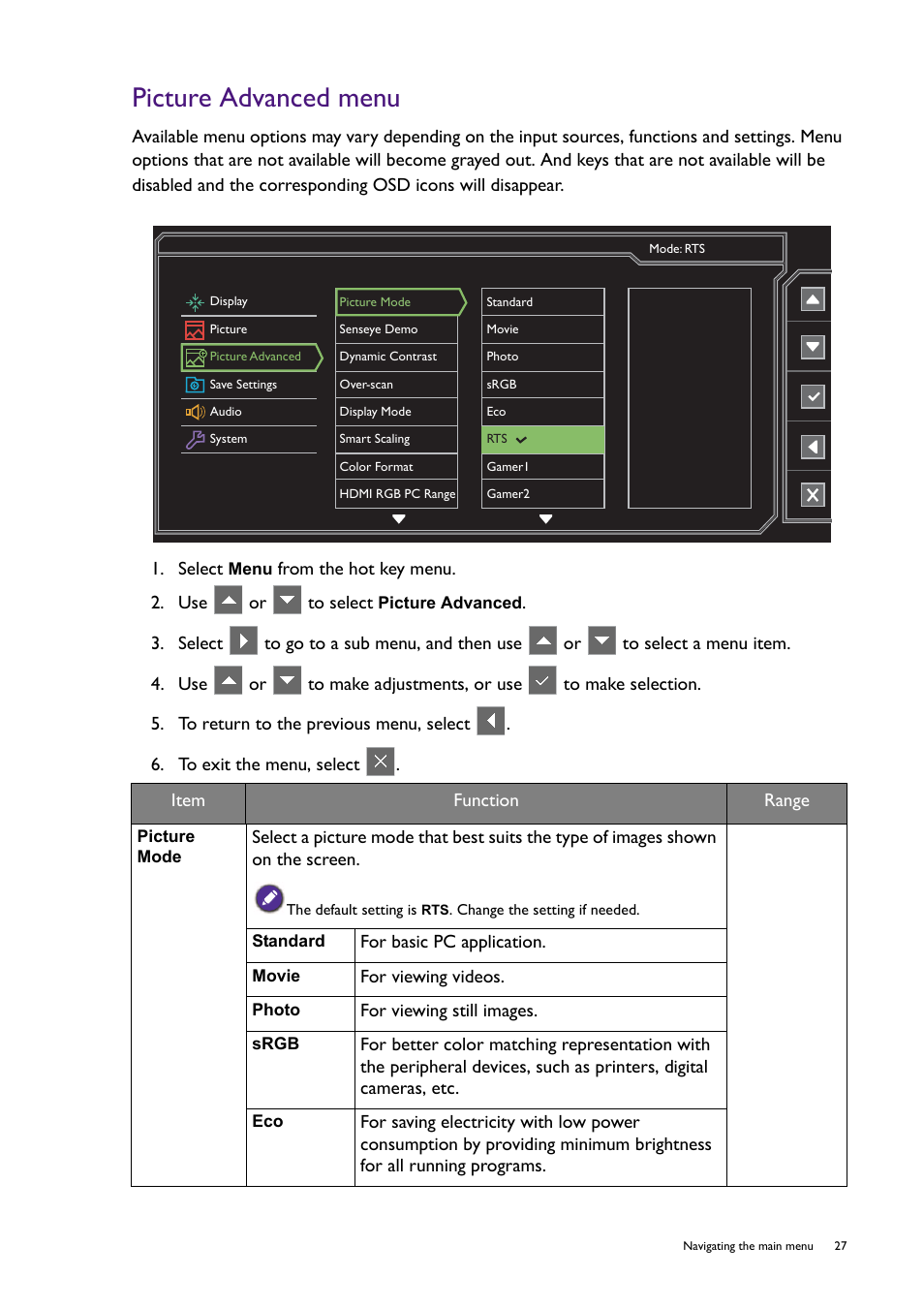 Picture advanced menu, Picture mode | BenQ Professional RTS Gaming Monitor RL2240H User Manual | Page 27 / 36