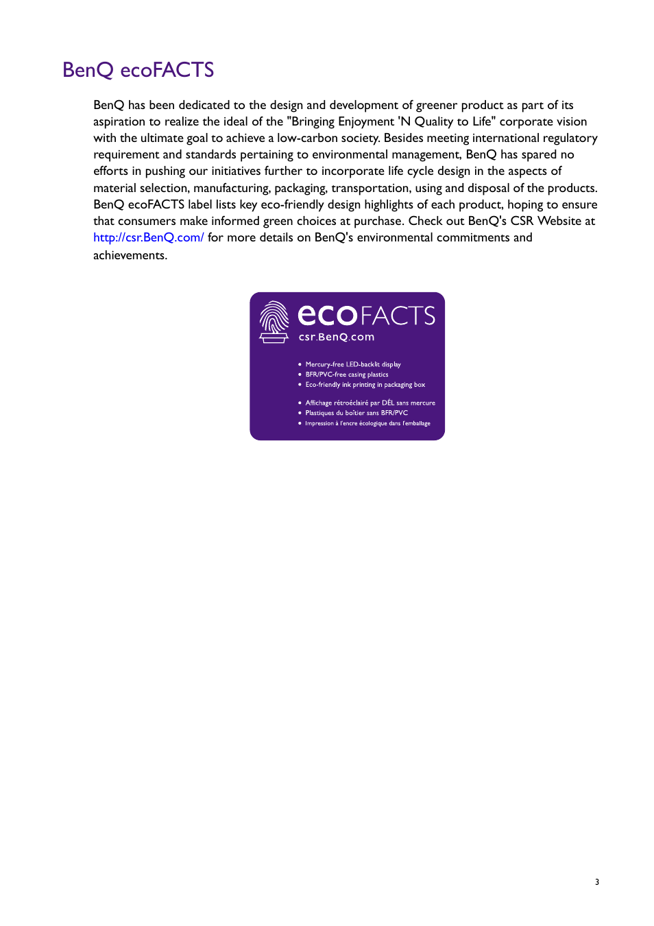 Benq ecofacts | BenQ Professional RTS Gaming Monitor RL2240H User Manual | Page 3 / 36
