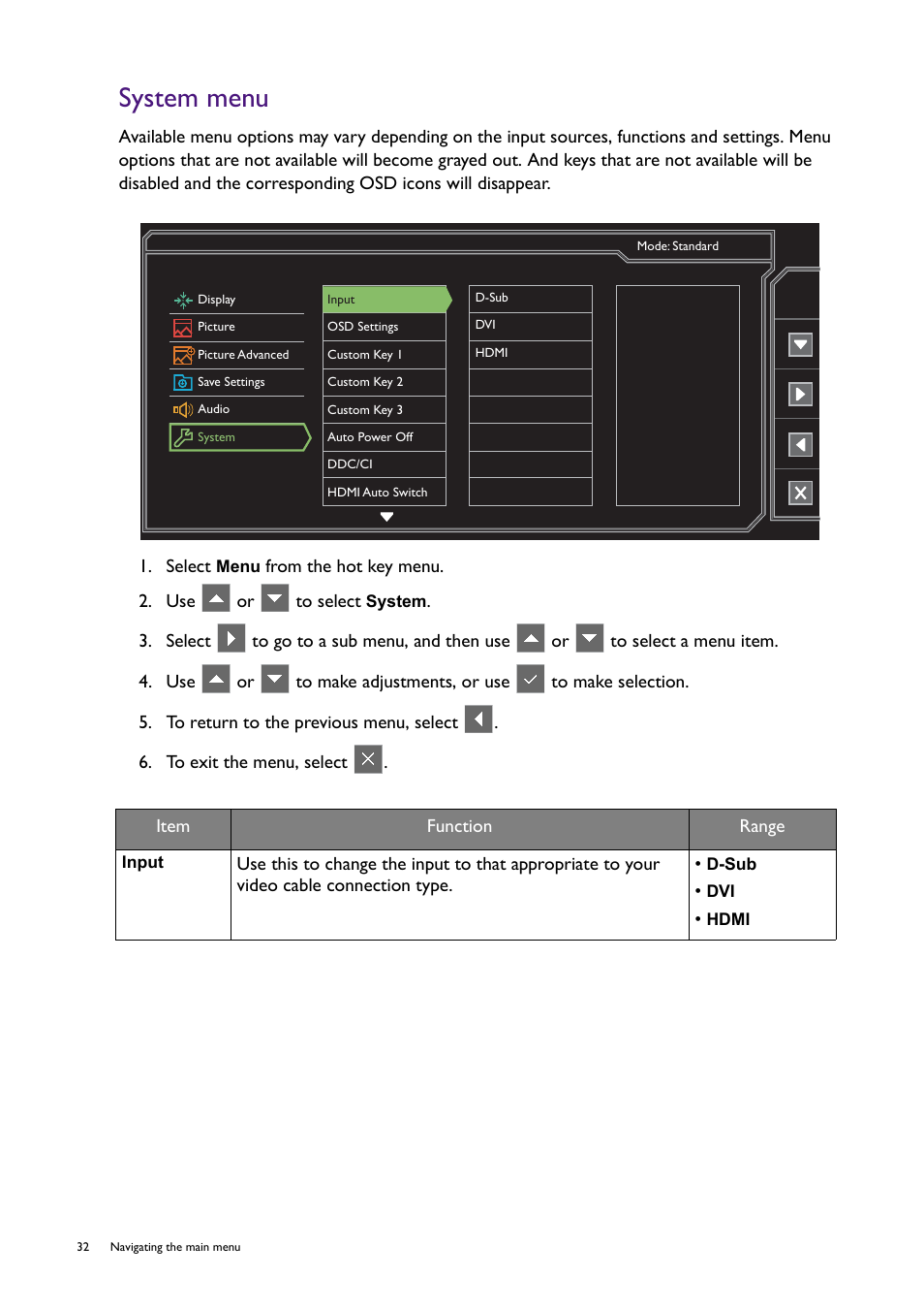 System menu | BenQ Professional RTS Gaming Monitor RL2240H User Manual | Page 32 / 36