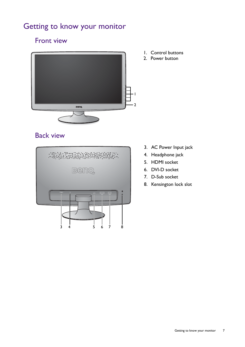 Getting to know your monitor, Front view, Back view | Front view back view | BenQ Professional RTS Gaming Monitor RL2240H User Manual | Page 7 / 36