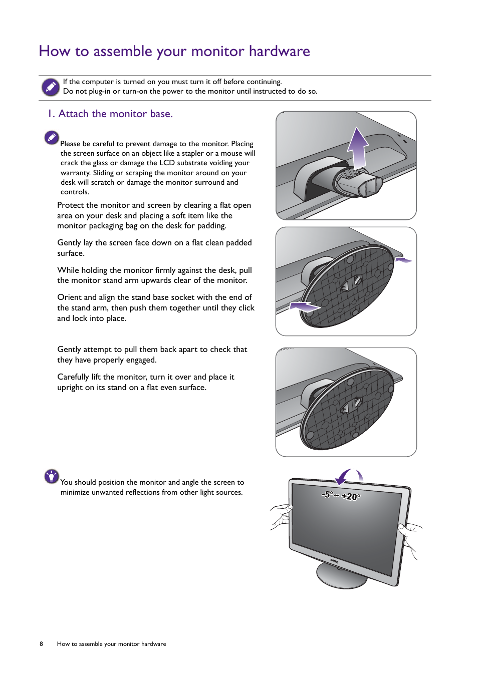 How to assemble your monitor hardware, Attach the monitor base | BenQ Professional RTS Gaming Monitor RL2240H User Manual | Page 8 / 36