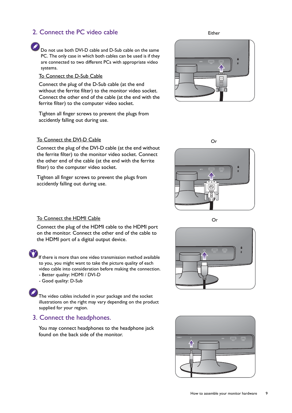 Connect the pc video cable, Connect the headphones | BenQ Professional RTS Gaming Monitor RL2240H User Manual | Page 9 / 36