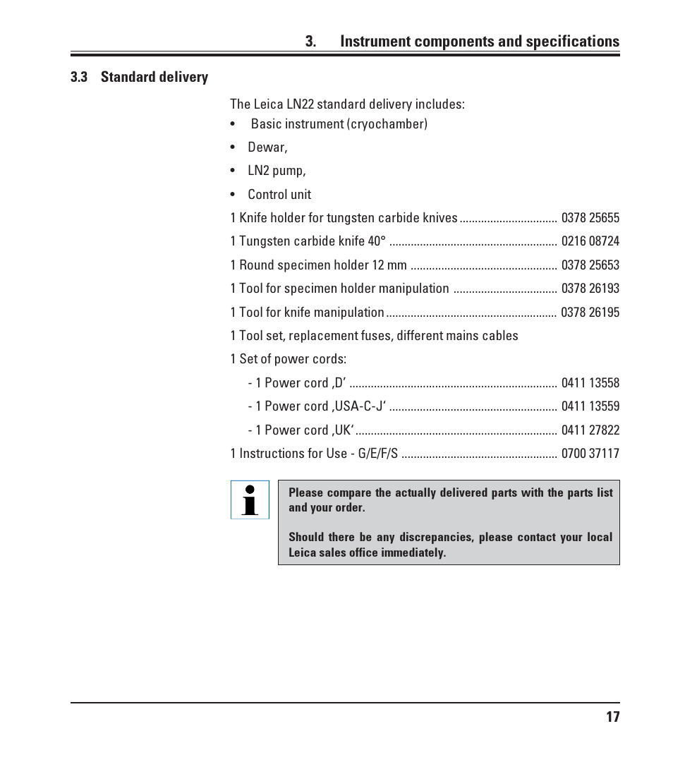 3 standard delivery, Standard delivery, Instrument components and specifications | Leica Biosystems LN22 User Manual | Page 17 / 44