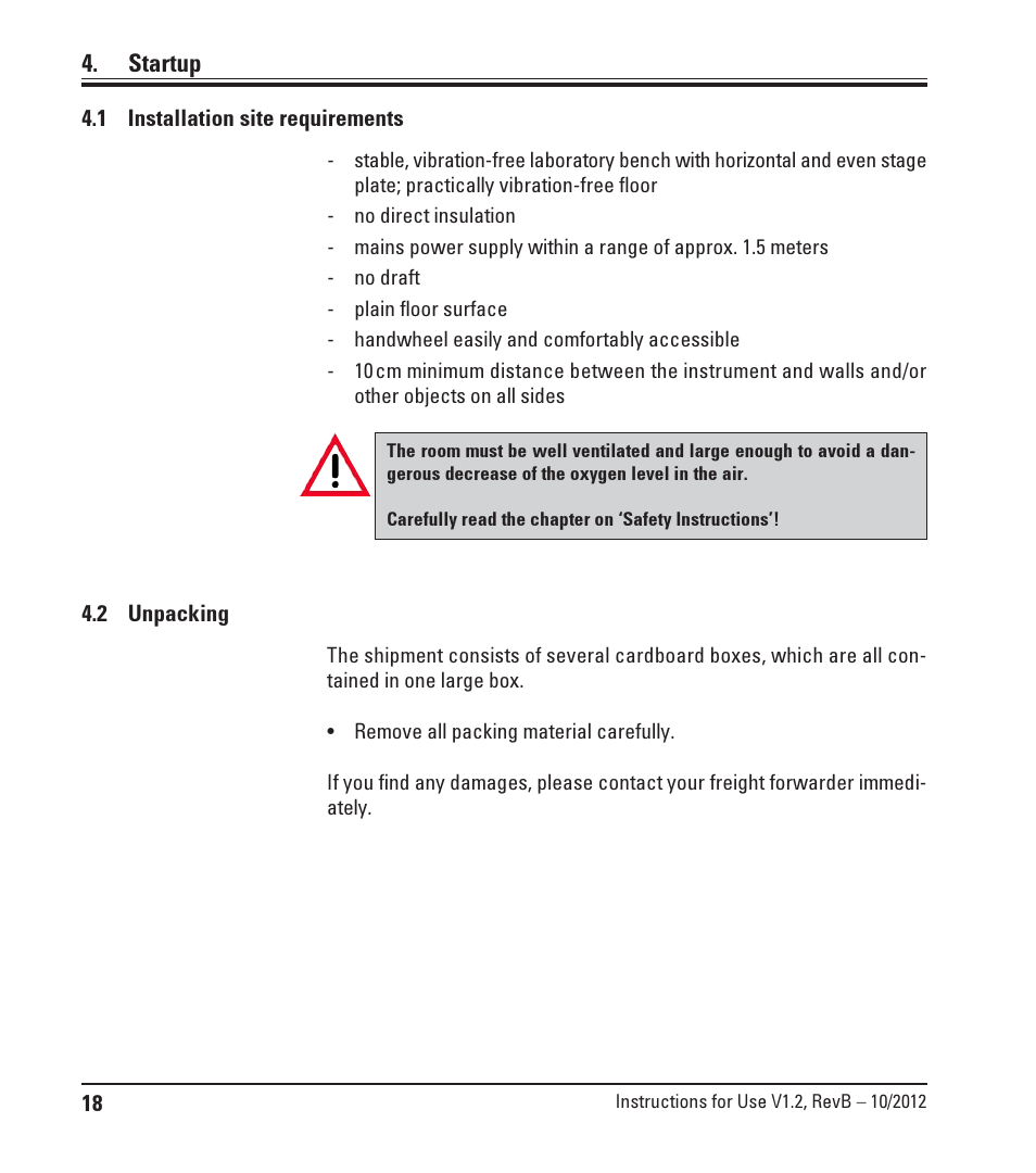 Startup, 1 installation site requirements, 2 unpacking | Installation site requirements, Unpacking | Leica Biosystems LN22 User Manual | Page 18 / 44