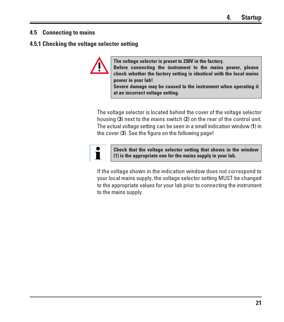 5 connecting to mains, 1 checking the voltage selector setting, Connecting to mains | Leica Biosystems LN22 User Manual | Page 21 / 44