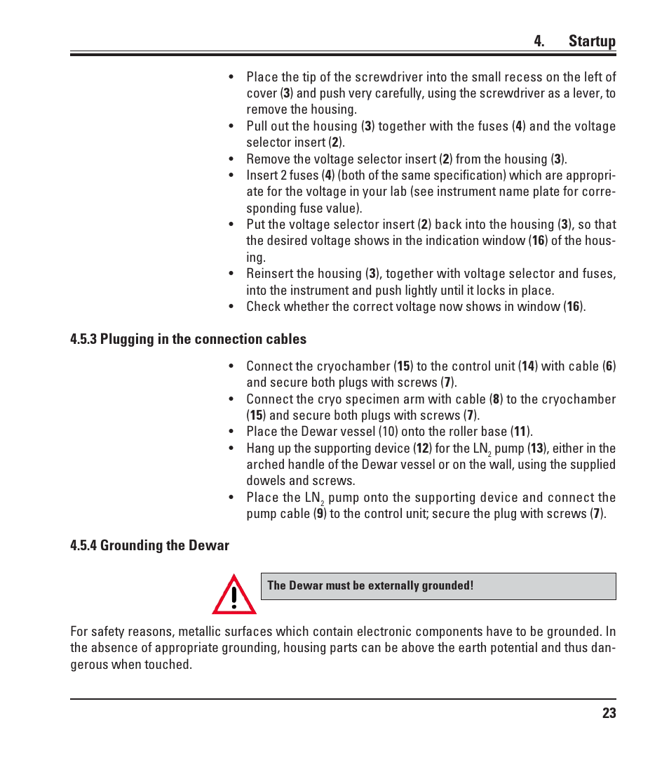 3 plugging in the connection cables, 4 grounding the dewar, Startup | Leica Biosystems LN22 User Manual | Page 23 / 44