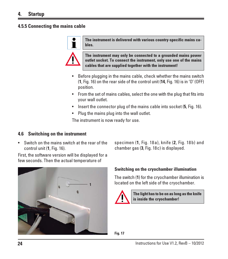 5 connecting the mains cable, 6 switching on the instrument, 5 connecting the mains cable 4.6 | Switching on the instrument, Startup | Leica Biosystems LN22 User Manual | Page 24 / 44