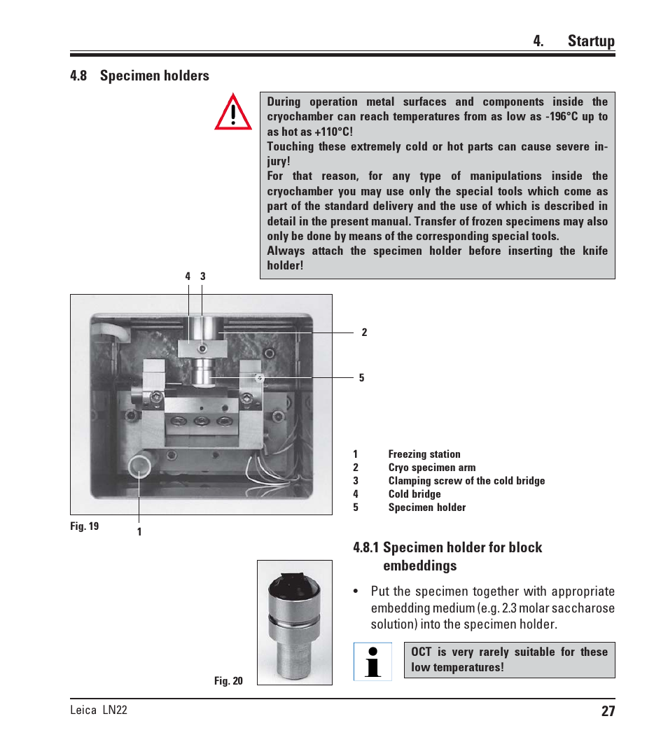 8 specimen holders, 1 specimen holder for block embeddings, Specimen holders | Startup | Leica Biosystems LN22 User Manual | Page 27 / 44