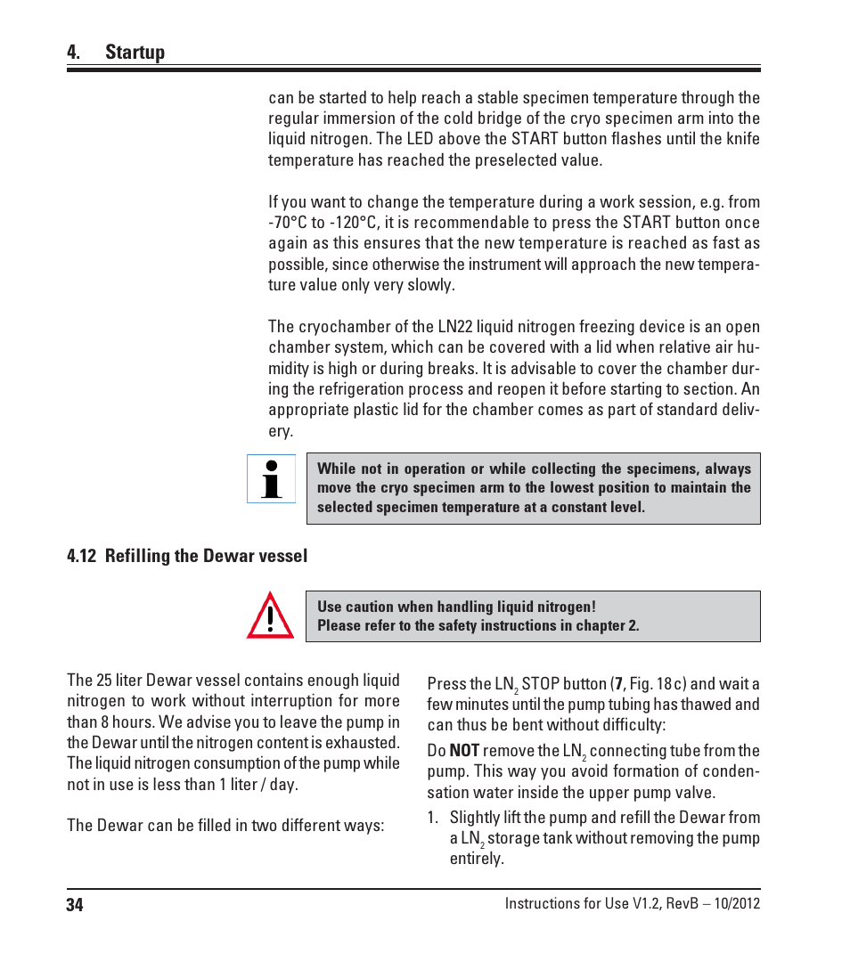 12 refilling the dewar vessel, Refilling the dewar vessel, Startup | Leica Biosystems LN22 User Manual | Page 34 / 44